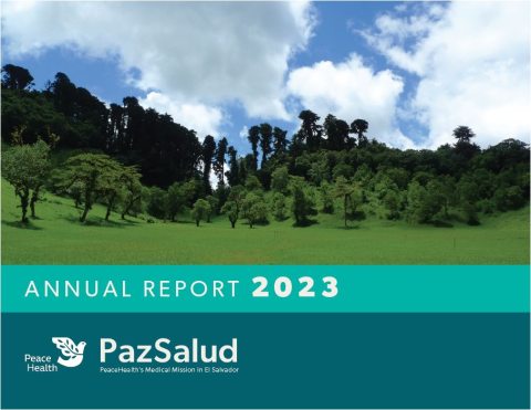 Cover of Paz Salud Annual Report (2023) showing a stand of tress in a forest/park like setting with blues skies and clouds in the background