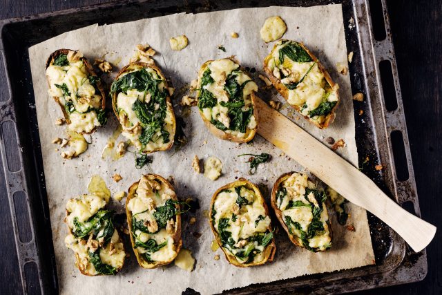 Stuffed baked potatoes with mushrooms and spinach recipe
