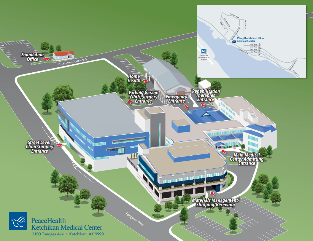 Bird's eye view illustration of Ketchikan Medical Center campus