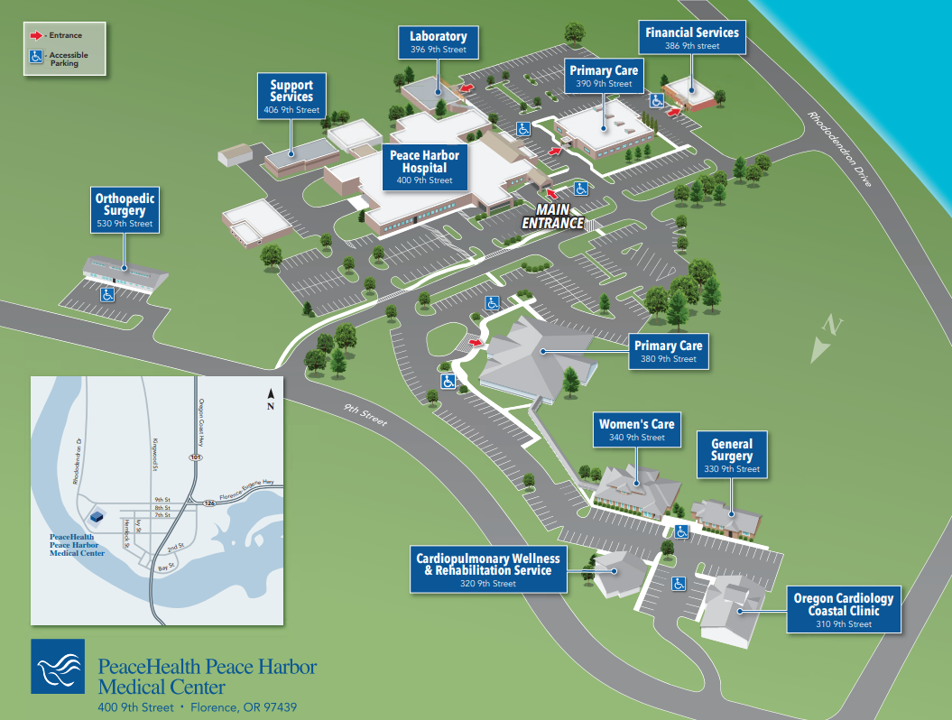 Bird's eye view illustration of Peace Harbor Medical Center campus