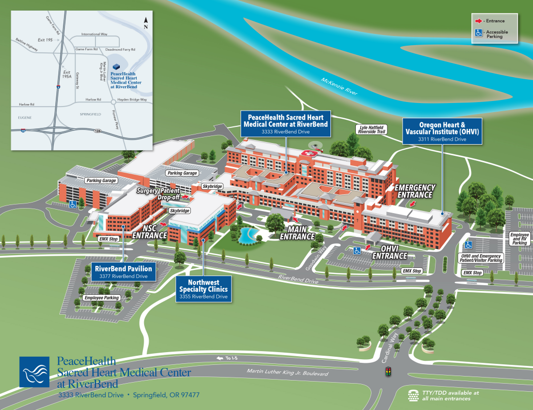 Bird's eye view illustration of Sacred Heart Medical Center at RiverBend campus