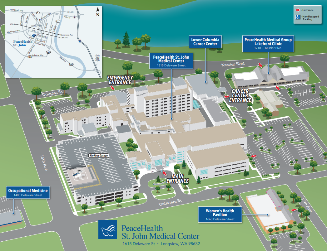 Bird's eye view illustration of St. John Medical Center campus