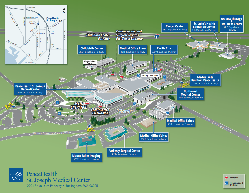 Bird's eye view illustration of Sacred Heart Medical Center University District campus