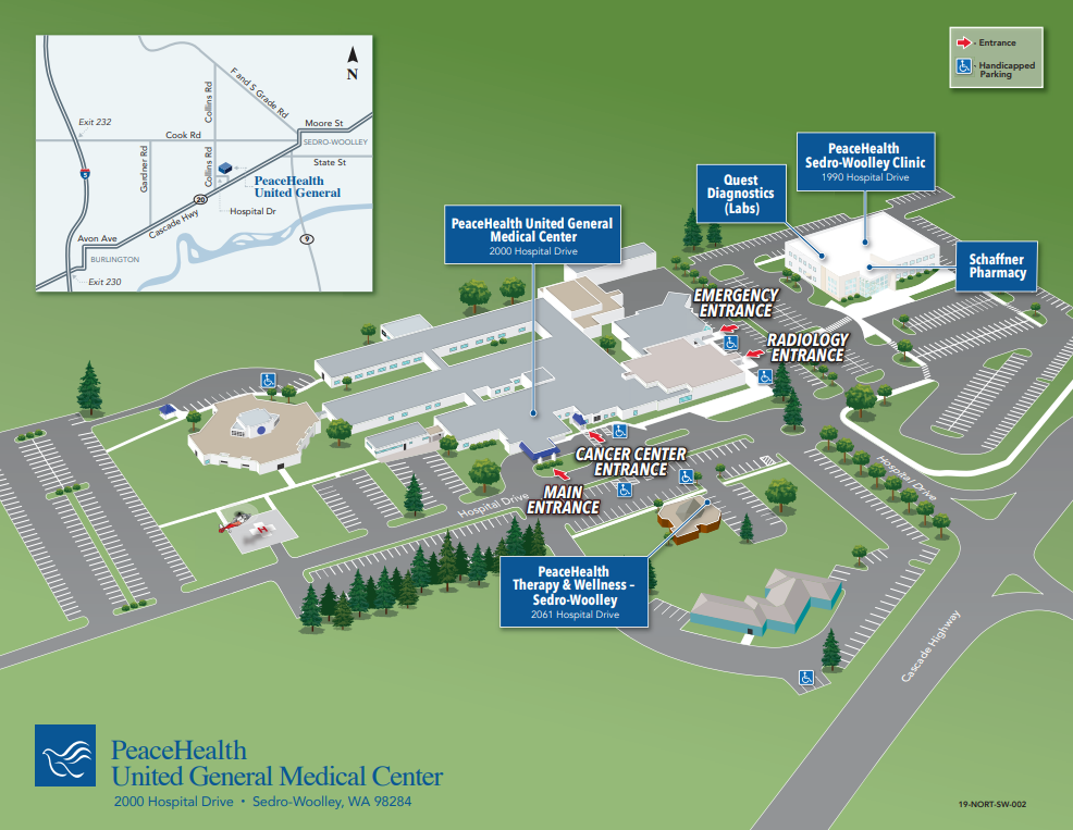 Bird's eye view illustration of St. John Medical Center campus