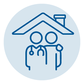 An illustration of a provider with their arm around a person, underneath the outline of a house roof