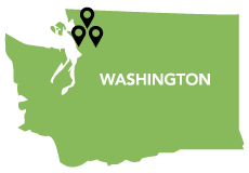 A green map of Washington with location markers set in the upper northwest corner of the state