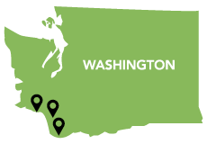 A green map of Washington with location markers set in the lower southwest corner of the state