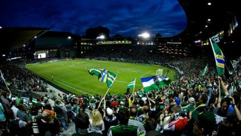 An aerial view of Providence Park at a MLS soccer match of the Portland Timbers