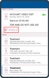 Screenshot of mobile device with the MyChart app open and the "e-Check-in" button highlighted