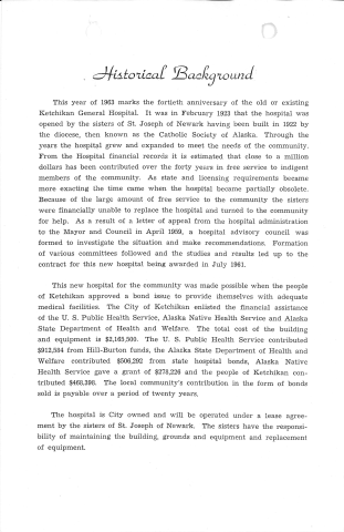 Historical Background of the 1963 Dedication Ceremony of Ketchikan General Hospital Program