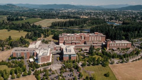 Aerial view of PeaceHealth RiverBend Hospital in Springfield, Oregon