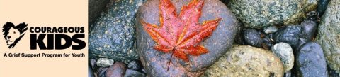 Courageous Kids logo next to a photo of a red leaf resting on stones