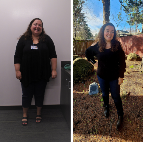 Weight Loss for Life patient Katie stands in before and after photos
