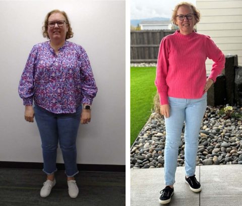 Lori, a weight loss for life program member, posing in before and afgter photos