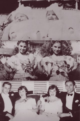 Three photos of the Holtzman twins through infancy to adulthood