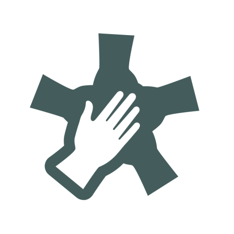 A silhouette of a hand overlaid against a five pointed symbol with flat edges