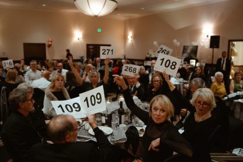 People holding the bidder numbers high during the whatcom hospice gala