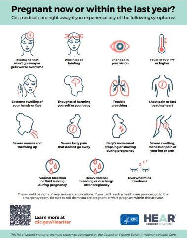 CDC list of symptoms in pregnancy needing urgent attention