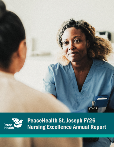 Front cover of St. Joseph Nursing Excellence Annual Report 2026 with a nurse in the background speaking with a patient in the foreground