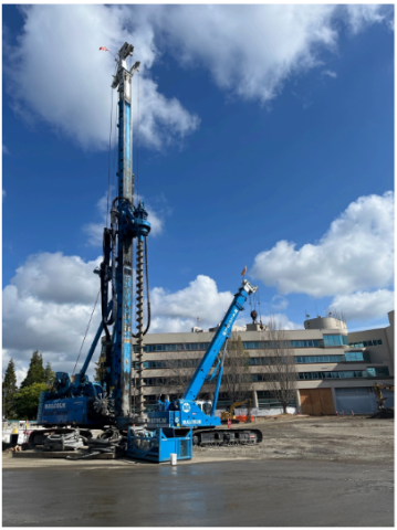 An auger used for drilling vertical foundational elements down into the ground as much as 80 feet