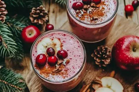 Festive looking, but healthy holiday shakes surrounded by fruits and elements of pine trees