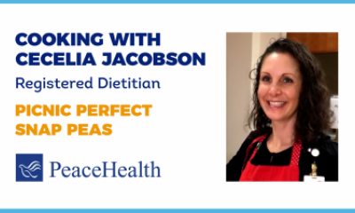 Picnic Perfect Snap Peas title card with inset photo of Registered Dietitian Cecelia Jacobson