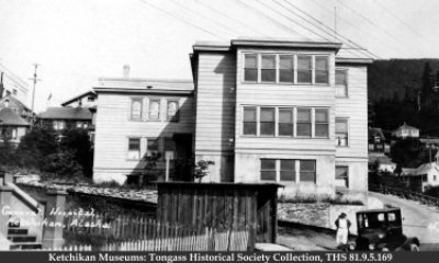 Old black and white photo of the Ketchikan General Hospital in Alaska