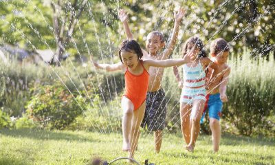 Four young children joyfully run through a sprinkler in the yard