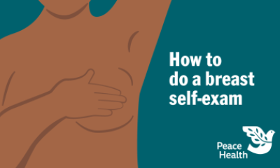 Illustration of a person's chest, arms and torso with the title "how to do a breast self-exam"