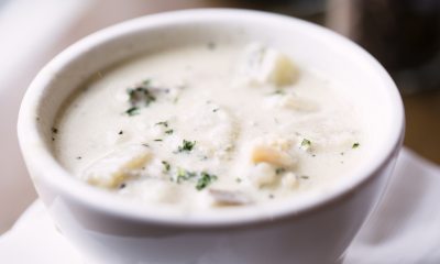 Bowl of lightened up New England clam chowder.
