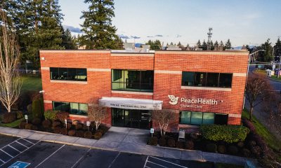 Overhead front entrance view of PeaceHealth Orchards Clinic on Vancouver Mall Drive in Vancouver, Washington