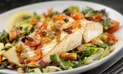 Grilled Halibut with Capers, Olives and Tomatoes recipe