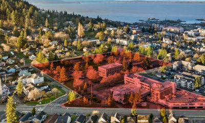 Aerial photograph of PeaceHealth South Campus Property in Bellingham with red boundary outline indicating location within city