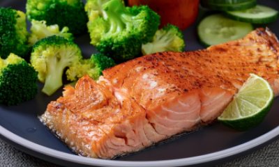 close-up of cooked salmon and broccoli