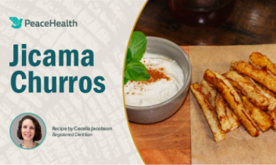 cinnamon-covered jicama sticks next to image of Cecelia Jacobson