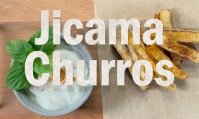 cinnamon-sprinkled jicama sticks next to bowl of yogurt dip