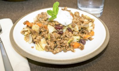 cabbage and bulgur hash recipe on white plate