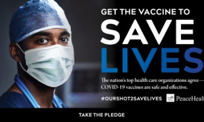 PeaceHealth flyer with the words "Get the Vaccine to Save Lives" next to a photo of a masked provider