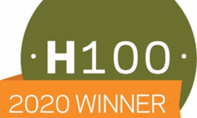 Round green and orange icon with the words, "2020 H100 Winner"