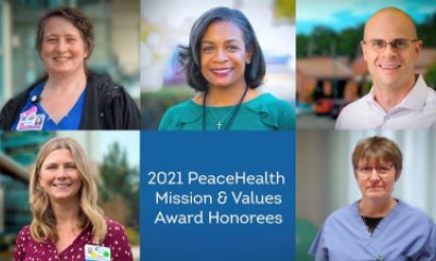 Composite image of five portraits of the 2021 PeaceHealth Mission & Values Award Honorees