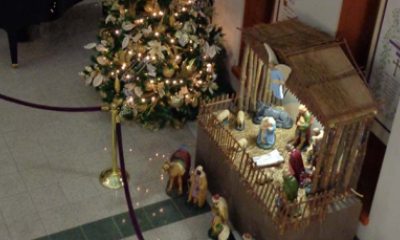 Overhead view of nativity scene and christmas tree