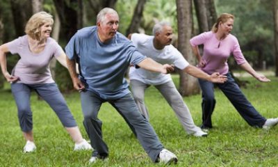 A group of older people doing tai chi for exercise in a forest or park setting
