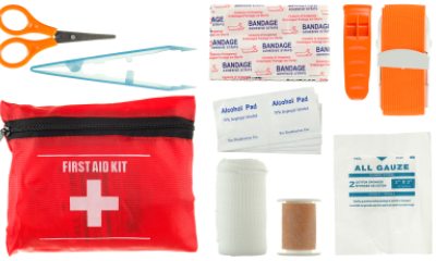 First aid kit contents laid out on a white background