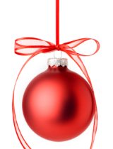 Illustration of a round, red holiday ornament hanging by ribbon