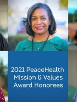Composite image of five portraits of the 2021 PeaceHealth Mission & Values Award Honorees