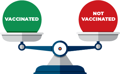 An illustration of a weight scale with a green "vaccinated" ball on one side and a red "not vaccinated" ball on the other side.