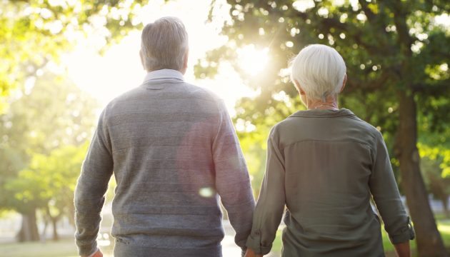 An older couple, with backs facing the camera, walk hand in hand in a park setting towards the sun