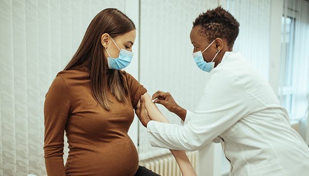 A pregnant patient receives a vaccine from a health care provider.