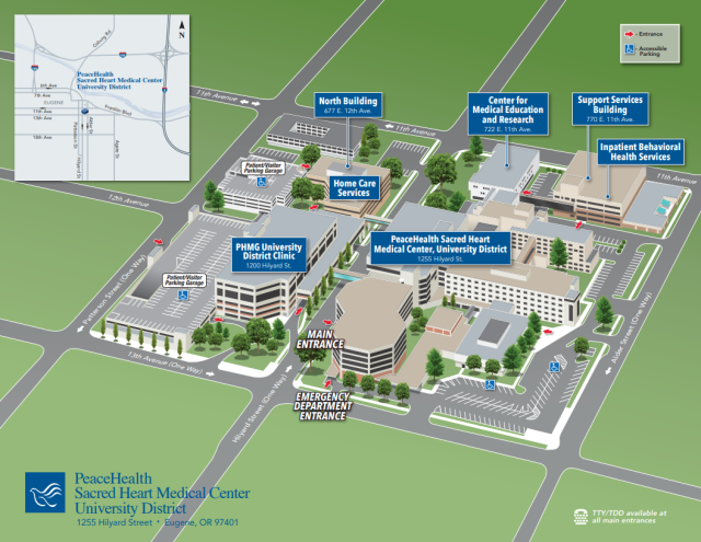 Bird's eye view illustration of Sacred Heart Medical Center University District campus