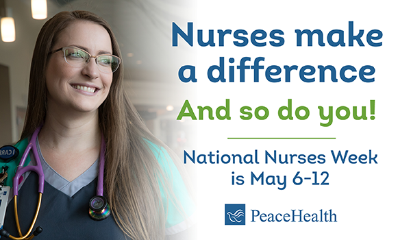 A smiling nurse looks on with text describing Nurses Week as May 6-12, 2022